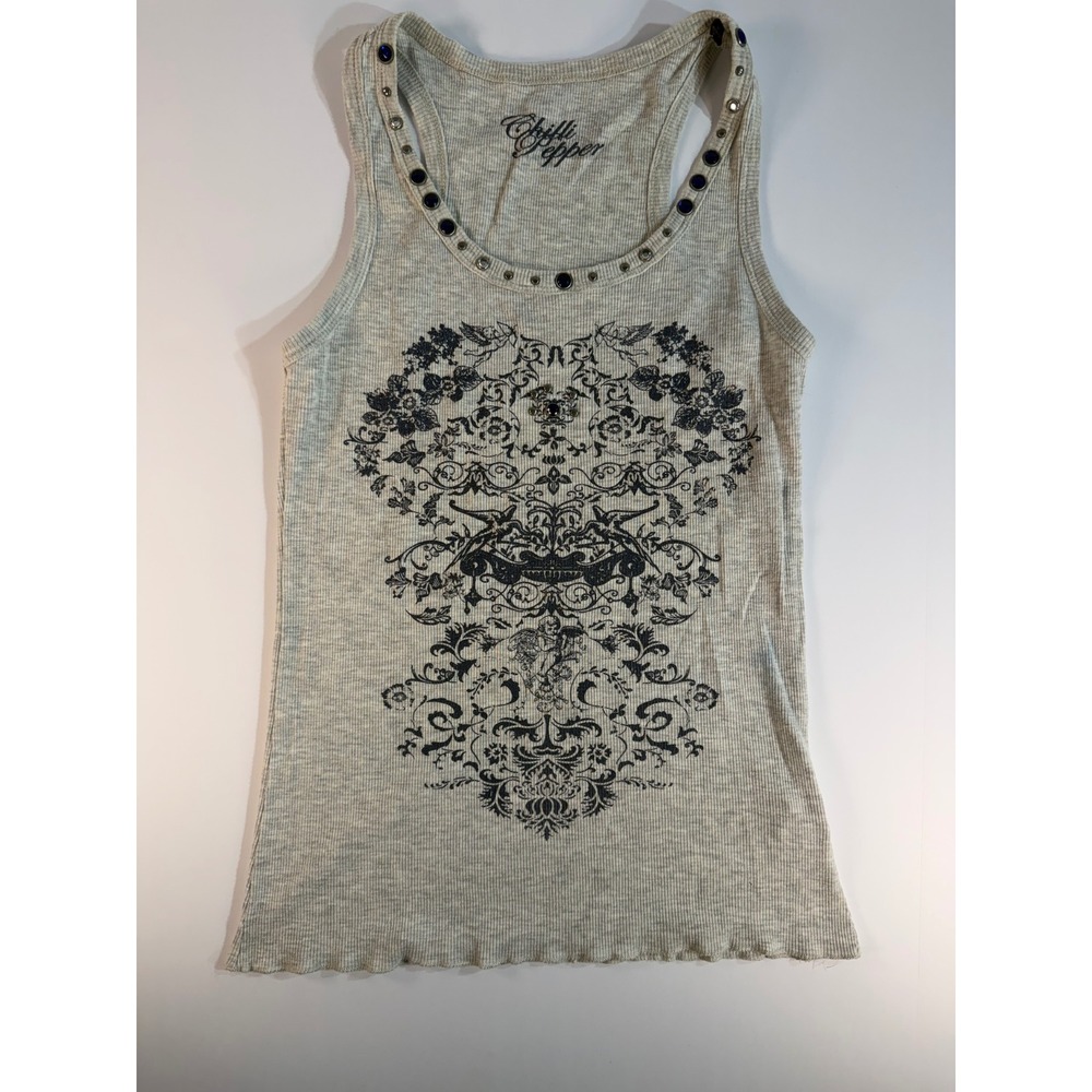 Chilli Pepper Gray Ribbed Graphic Tank Top Studded Y2K Cherub Print Size M